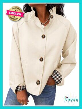Womens Ruffle Collar Short Trench Coat Cropped Single Breasted Jacket